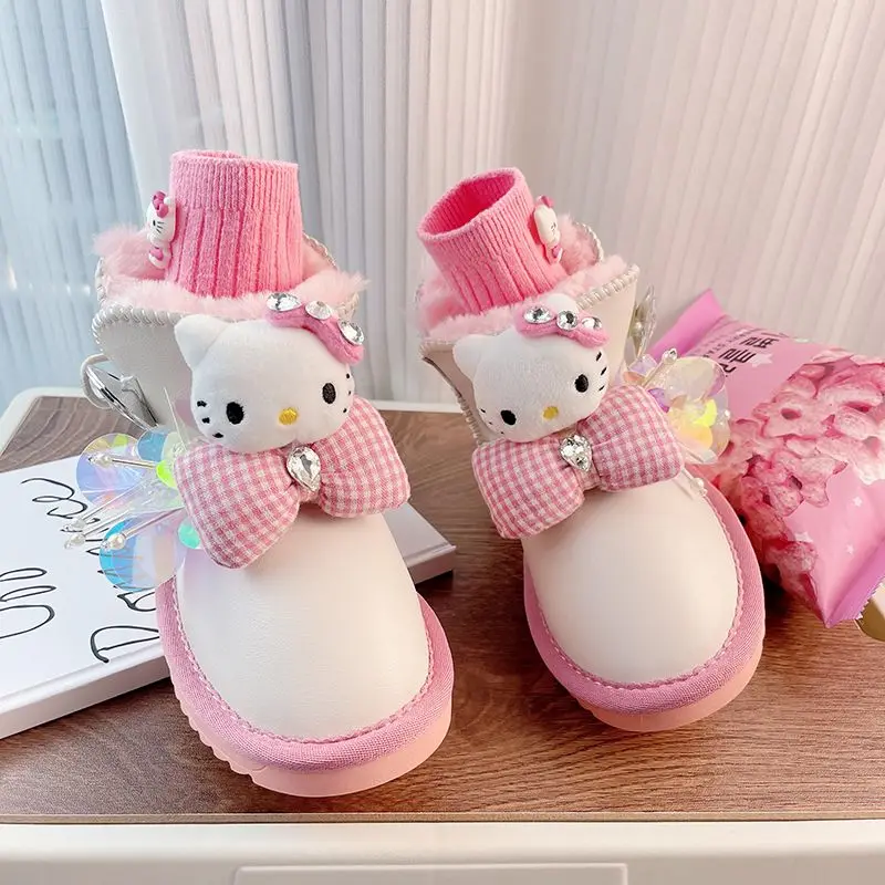 

Милые розовые зимние сапоги Sanrios Hello Kitty для девочек, детские зимние утепленные и нескользящие теплые милые Мультяшные большие хлопковые ботинки