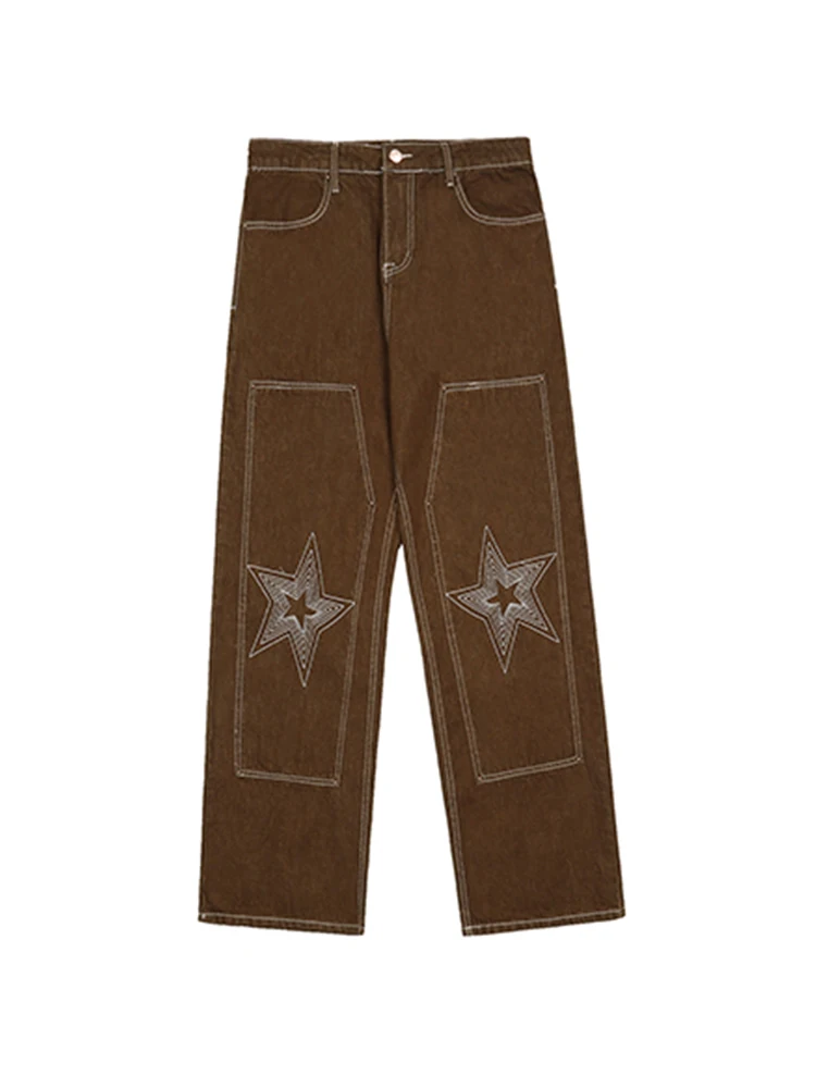 Four Seasons Star Embroidered Straight Loose Fit Boyfriend Pant Pantalone Hombre Y2K Fashion Brown Mid Waist Loose Jeans for Men