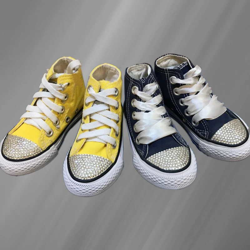 

Yellow and black high-top canvas shoes ribbon rhinestone street shooting comfortable handmade rhinestone vulcanized shoes 35-46