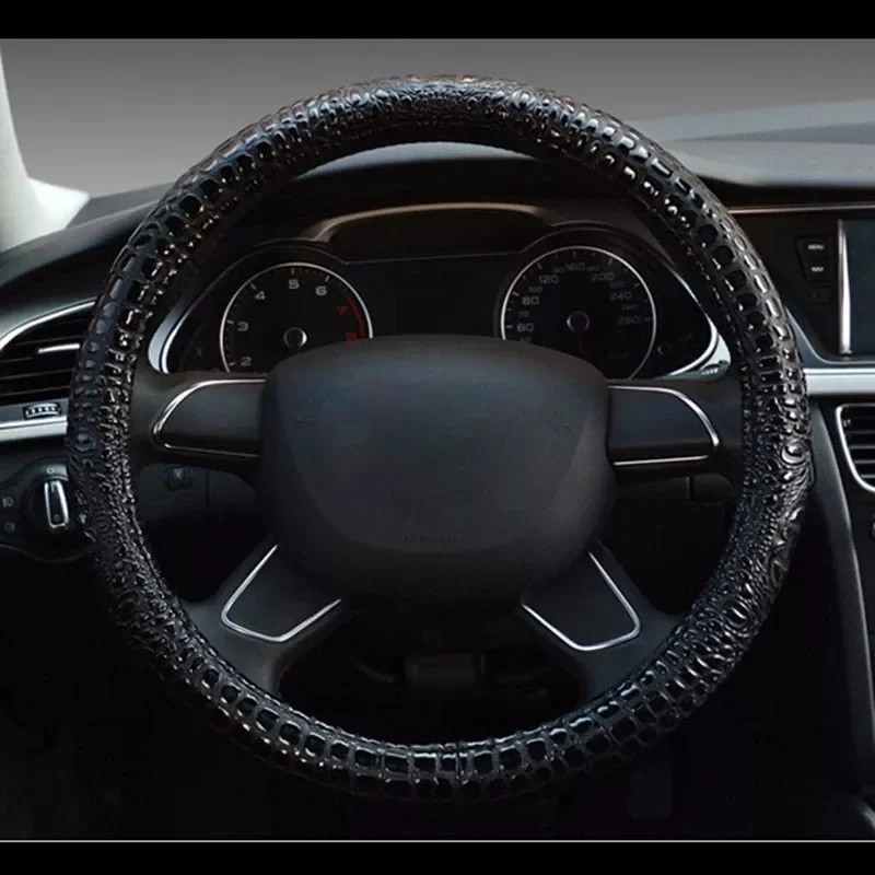 

Crocodile Grain Leather Car Steering Wheel Cover Universal Sport Cute Handle Case For Men Auto Interior Accessories Blue