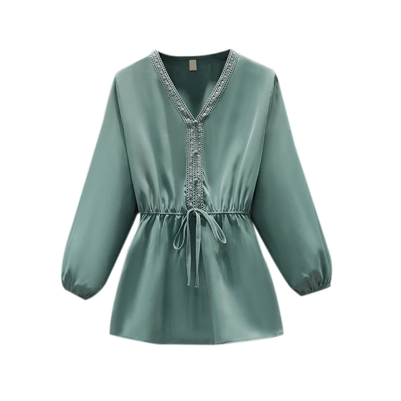 

Summer Blouse Long Sleeve Top Female Clothing Korean Fashion V-neck Chiffon Leisure Belt Solid Color Loose Houthion