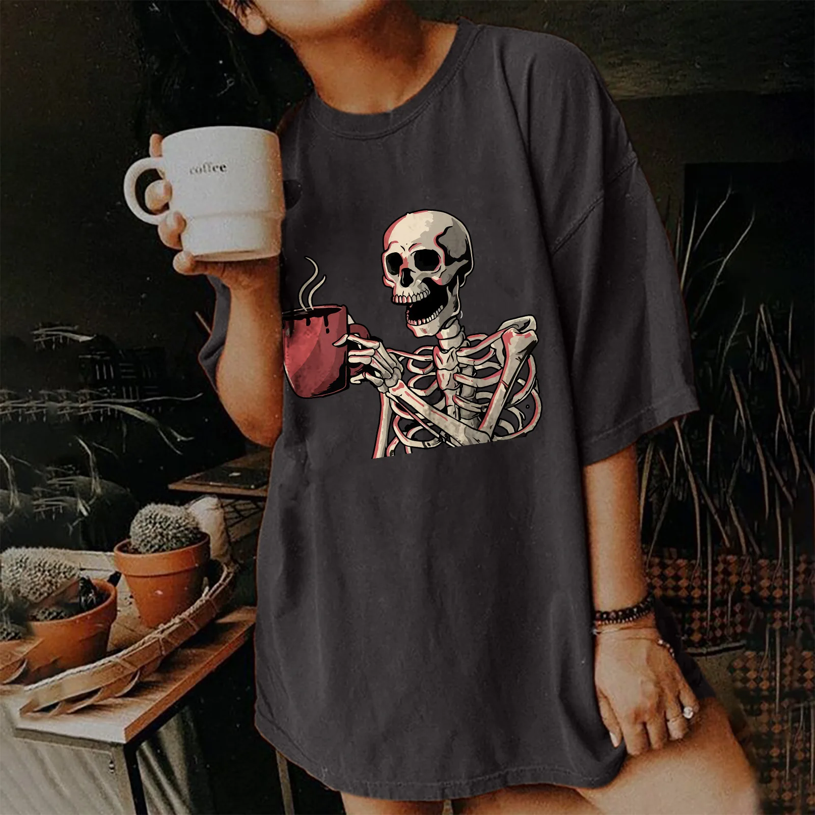 

Seeyoushy Funny Tea-drinking Skull Skeleton Print Shirt for Women Drop Shoulder Summer T Shirt 2023 Casual Loose Tops Clothes