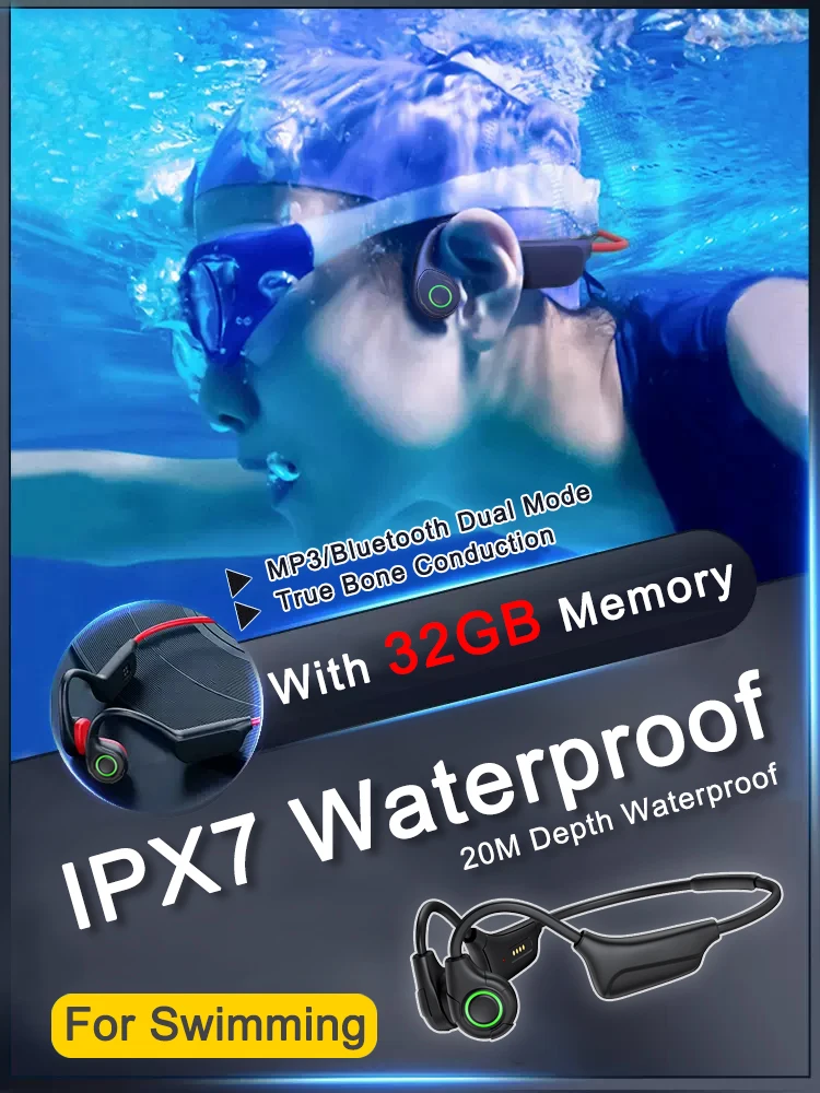 

Bone Conduction Wireless Headphone Sports Swimming IPX7 20M Depth Of Waterproof Earphones Dual Mode MP3 Player With 32G Memory