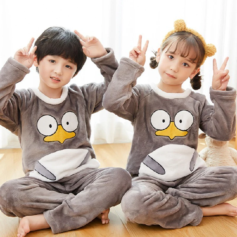 Kids Flannel Pajamas Autumn Winter Warm Round Neck Cartoon Pyjamas Boys Girls Nightgowns Children Sleepwear Long Clothing Suit
