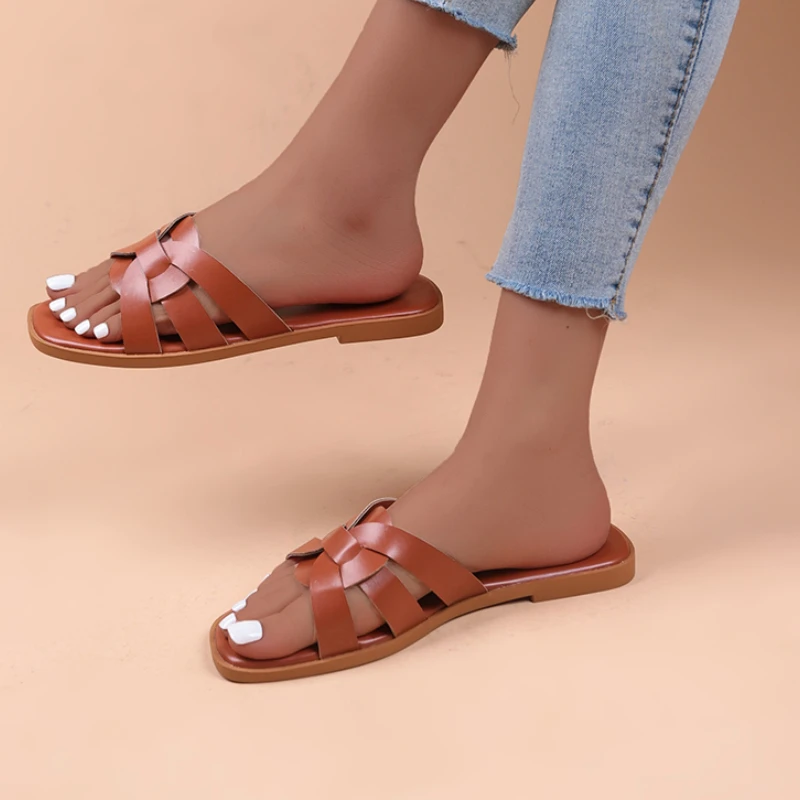 

Женские удобные и дышащие шлепанцы, простые шлепанцы на плоской платформе, без застежки, с круглым носком, однотонные, лето 2023