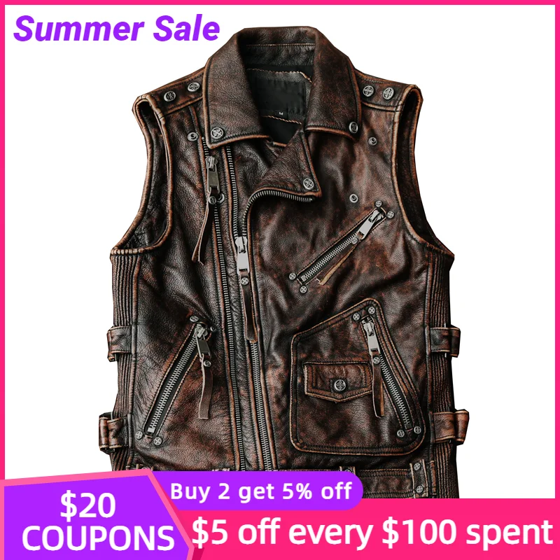 

2022 Retro Brown Biker Style Genuine Leaher Vest Men Plus Size 4XL Real Natural Cowhide Spring Slim Fit Motorcycle Coat