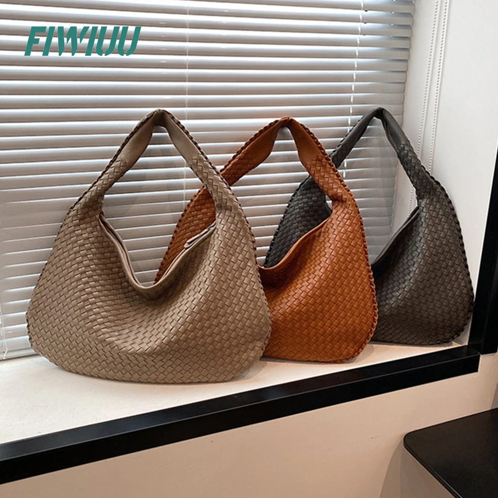 FIWIUU Woven Hobo Women Top-handle Shoulder Bags Knitting Large Capacity Shopping Dumplings Bag Casual Underarm Handbags Purses