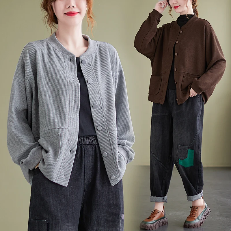 

2022 Spring Korean Grey Loose Baseball Collar Top Long Sleeve Short Coat Fashion