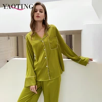 yaoting two piece set women home clothes for spring and autumn long sleeved satin silky trouser suits women sleepwear pajama