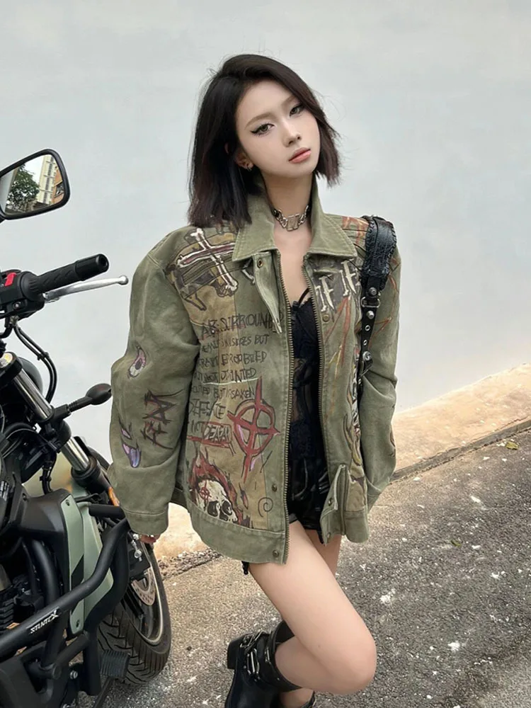 Женская джинсовая куртка с принтом в стиле Харадзюку