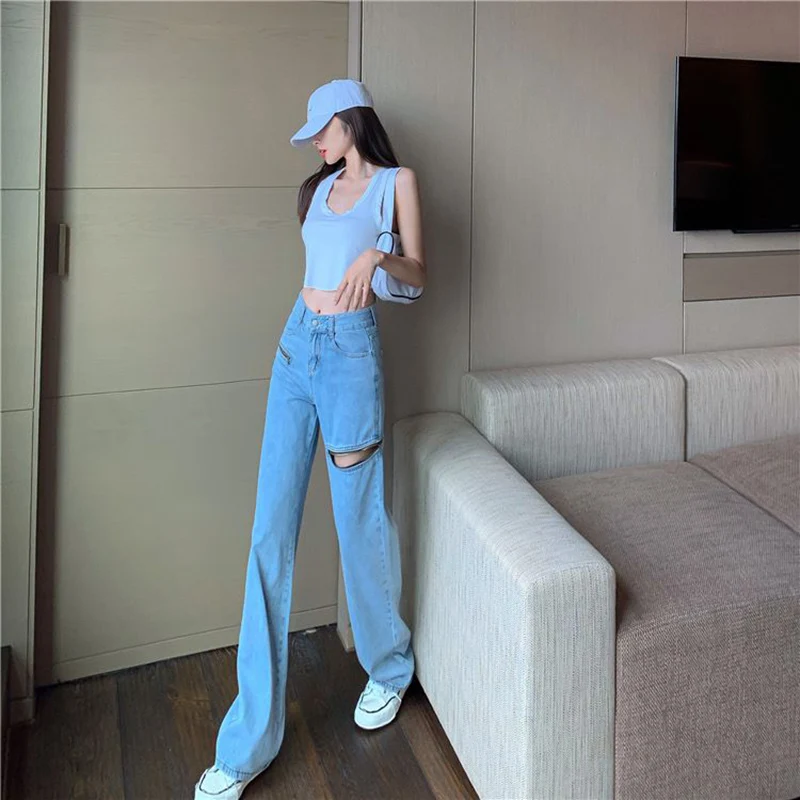 

Джинсы женские Мешковатые с завышенной талией, повседневные Прямые синие брюки из денима на молнии, с дырками, в уличном стиле, Y2k, весна-осен...