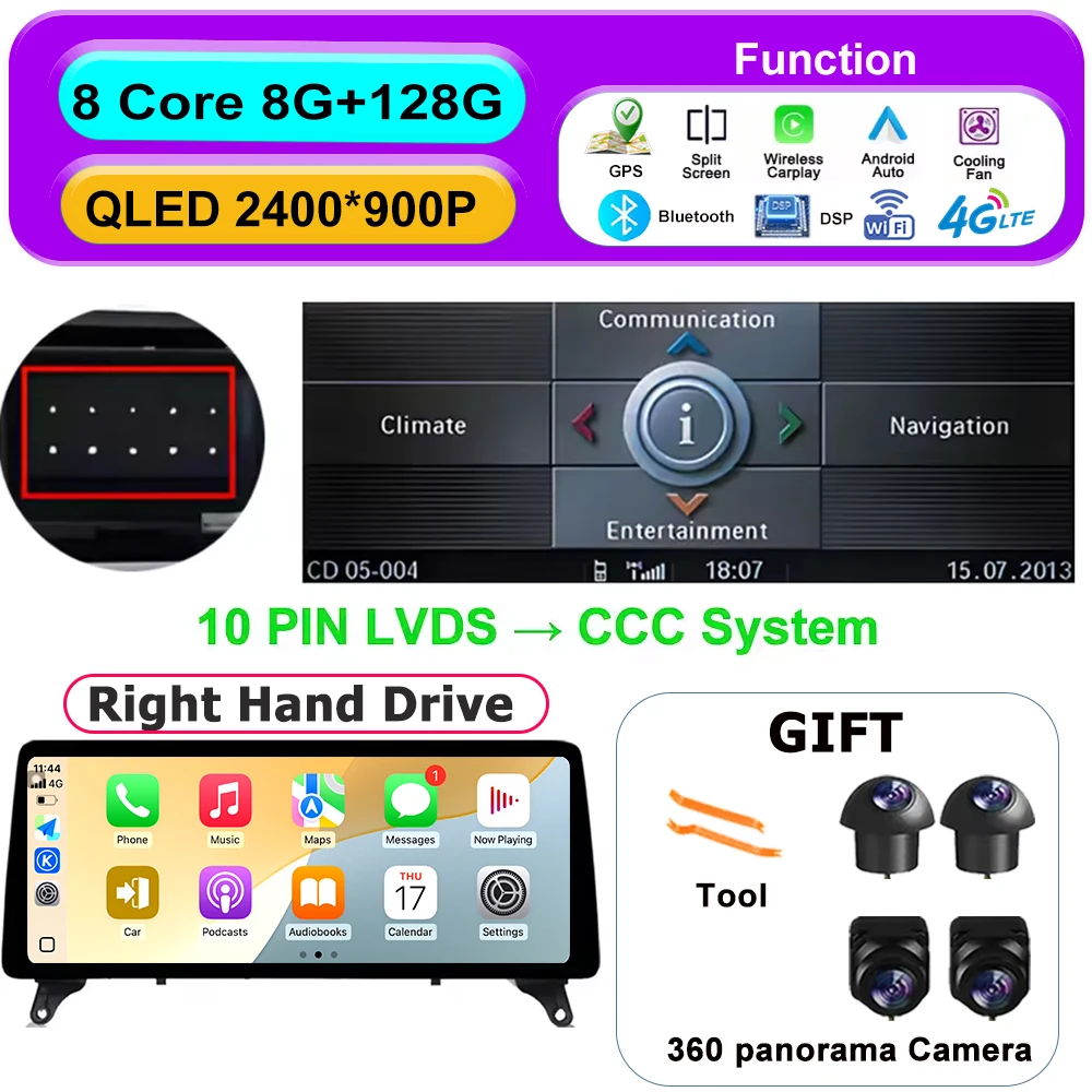 

Беспроводной Carplay RHD для BMW X5 E70 X6 E71 2008-2013 CCC CIC System Android auto Автомобильный радиоприемник Мультимедийный плеер GPS Navi WiFi DSP