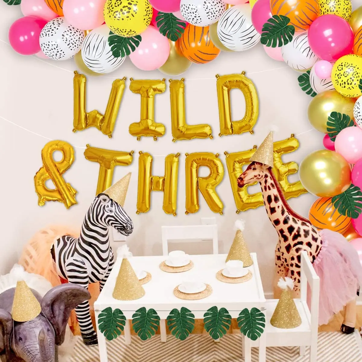 

SURSURPIRSE Jungle Theme Pink Balloon Garland Arch Kit Palm Leaves Orange Striped Latex Balloon for 3rd Birthday Party Supplies