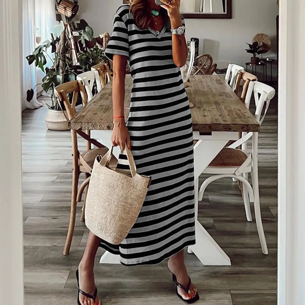 

Hot Sales！Elegant Summer Dress V-neck Short Sleeve Side Split Hem Striped Print Women Maxi Dress Female Clothing
