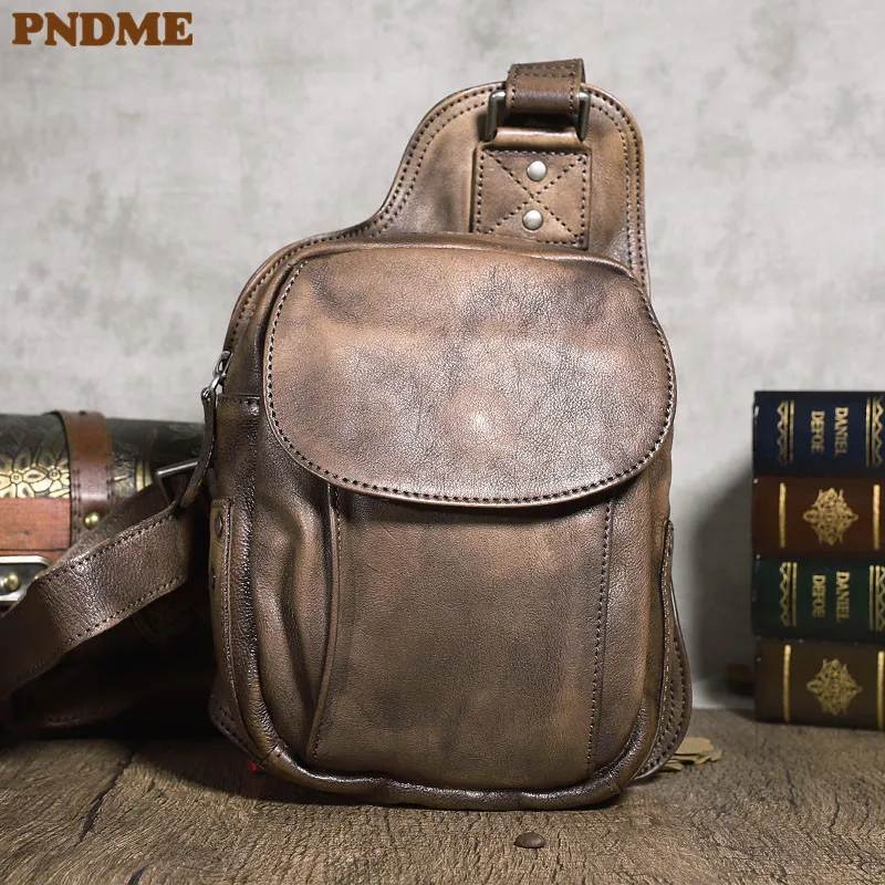 PNDME retro fashion designer top layer cowhide men chest bag outdoor daily organizer genuine leather youth Coffee messenger bag