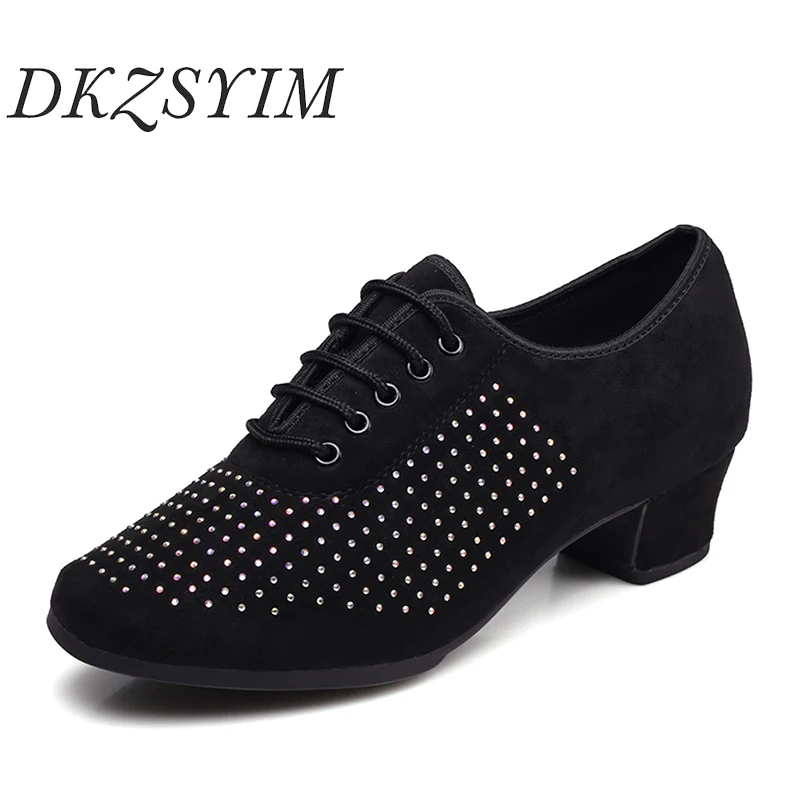 

DKZSYIM Women Dance Shoes Tango Modern Latin Ballroom Rumba Jazz Practice Dancing Shoe Suede Closed Toe Rhinestone 3.5/5cm Heels
