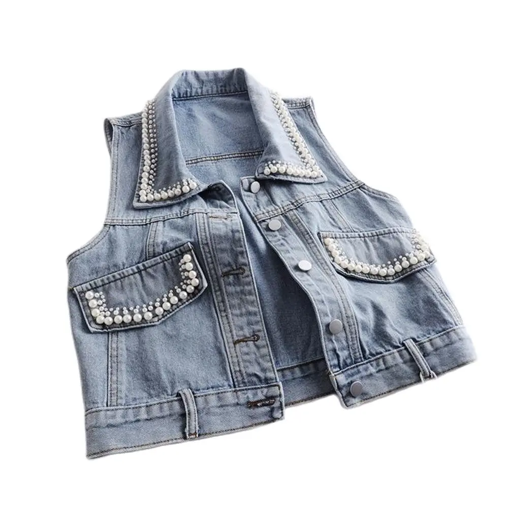 

2022 Jeans Jacket Sleeveless Vests Loose Denim Coat Autumn Waistcoats Outwear Jeans Gilet High Street Spring Women Vest Beading