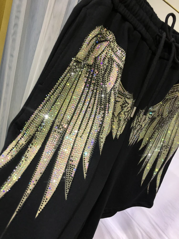 Fore and Aft Wings Hot Drilling Women Shorts Loose Elastic Waist Drawstring Five-point Pants High Waist Trendy Summer Hot Shorts