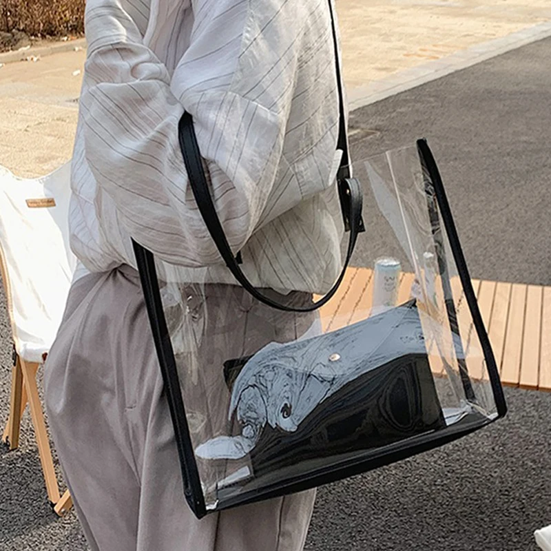 

Ladies Transparent PVC Shopping Bag Large Capacity Shoulder Bag Female High Quality Beach Holiday Bag Summer Women Travel Bag