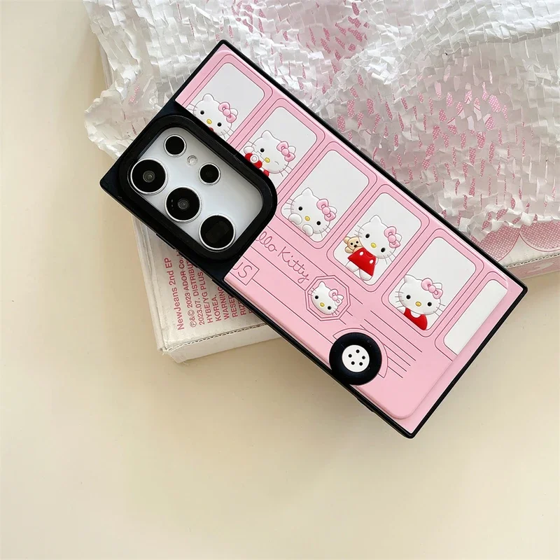 3D Cute Cartoon Sanrio Hello Kitty Bus Phone Case For Samsung Galaxy S 24 Ultra 23 S24 Puls Shockproof Hard Leather Cover