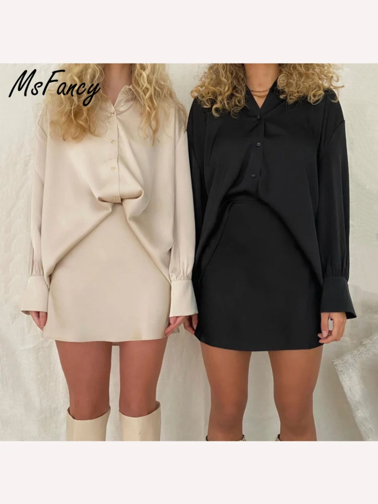 Комплект из рубашки и юбки Msfancy Женский атласный комплект 2 предметов рубашка с
