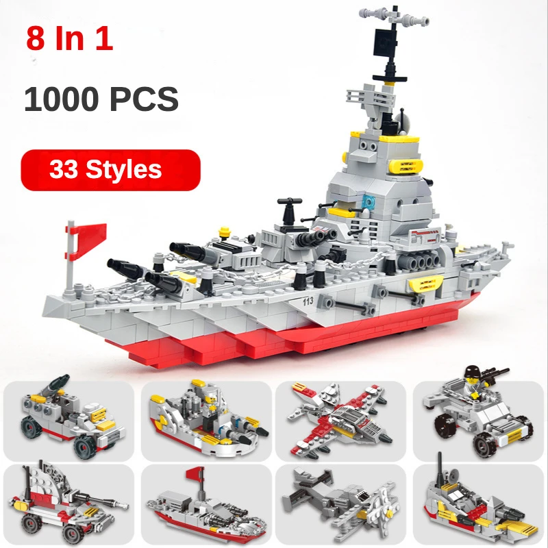 

1000PCS 8IN1 военные корабли крейсер корабль модель строительные блоки флот армия оружие лодка самолет солдат фигурки игрушки мальчики подарки