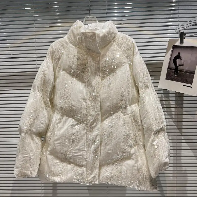 Fashion Sequins Warm-Keeping Cotton Coat for Ladies 2022 Winter New Versatile Stand Collar Long Sleeve Loose Jacket Women's