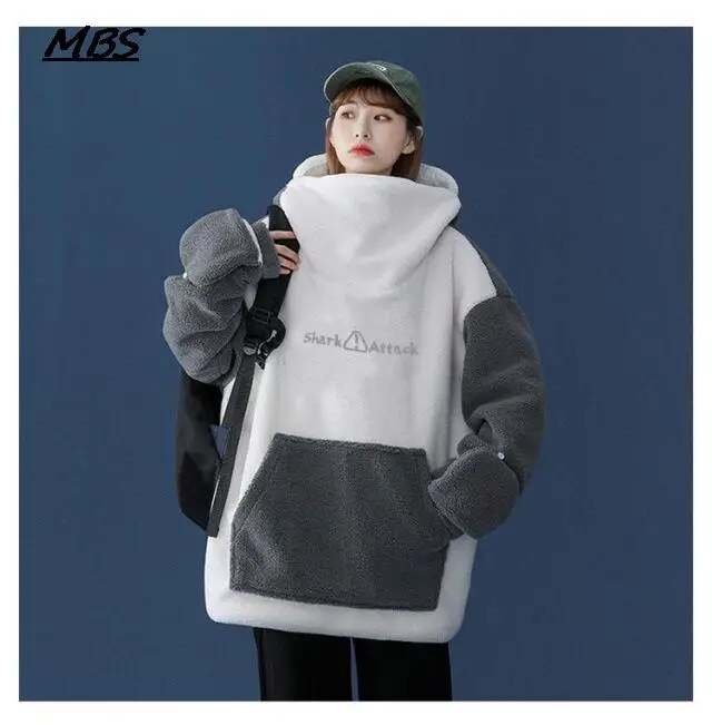 New Cute unisex shark zipper hoodie imitation lamb plush oversized sweatshirt Harajuku warm pullovers Korean direct sales Coat
