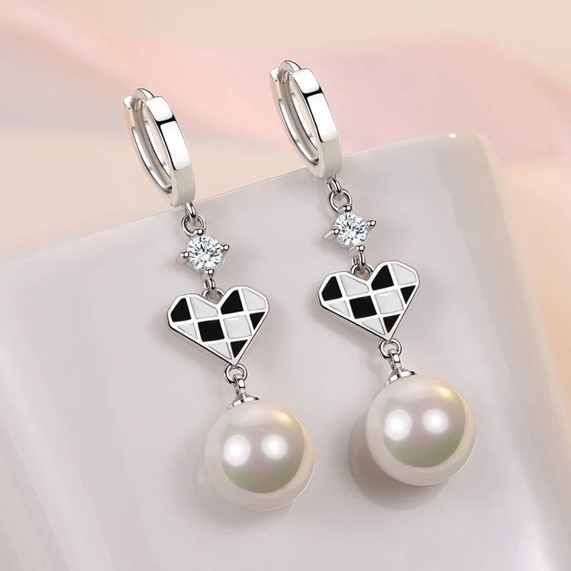 

Trendy Pearl Zircon Combin Heart Black White Plaid Earrings For Lady Accessories Grade 925 Sterling Silver Earrings Women Gift