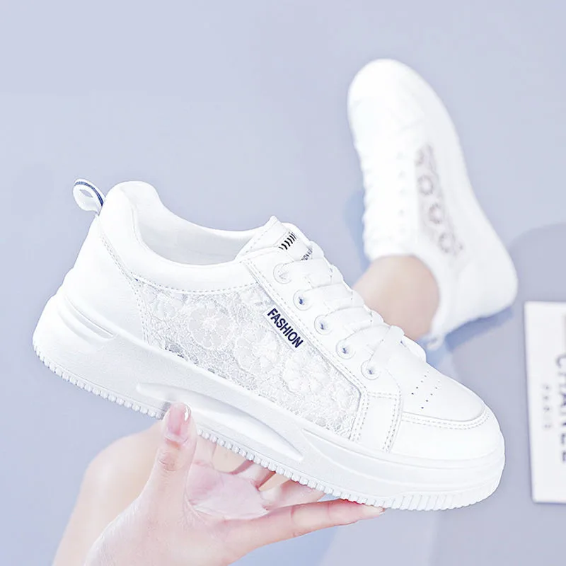 

Women's Vulcanize Shoes Summer Breathable Mesh Shoes Hollow-Out Flats Woman Thick Sole Casual Shoes White Vulcanized Sneakers