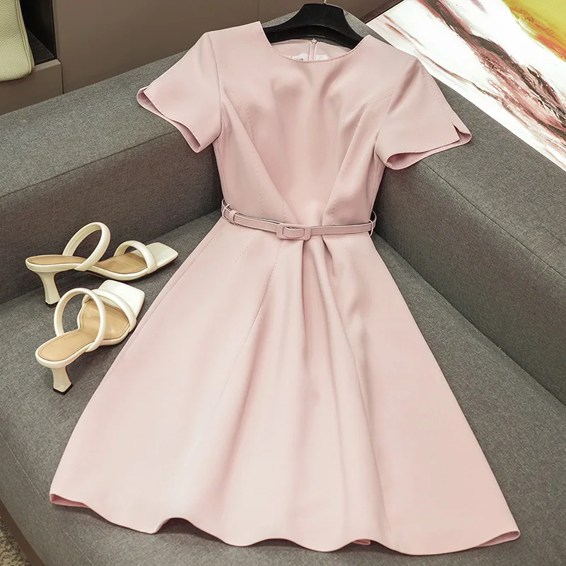 Temperament Commuter Arch Pin Waist A-line High Waist Short Sleeve Dress Women 2023 Summer New Elegant Solid Formal Clothing