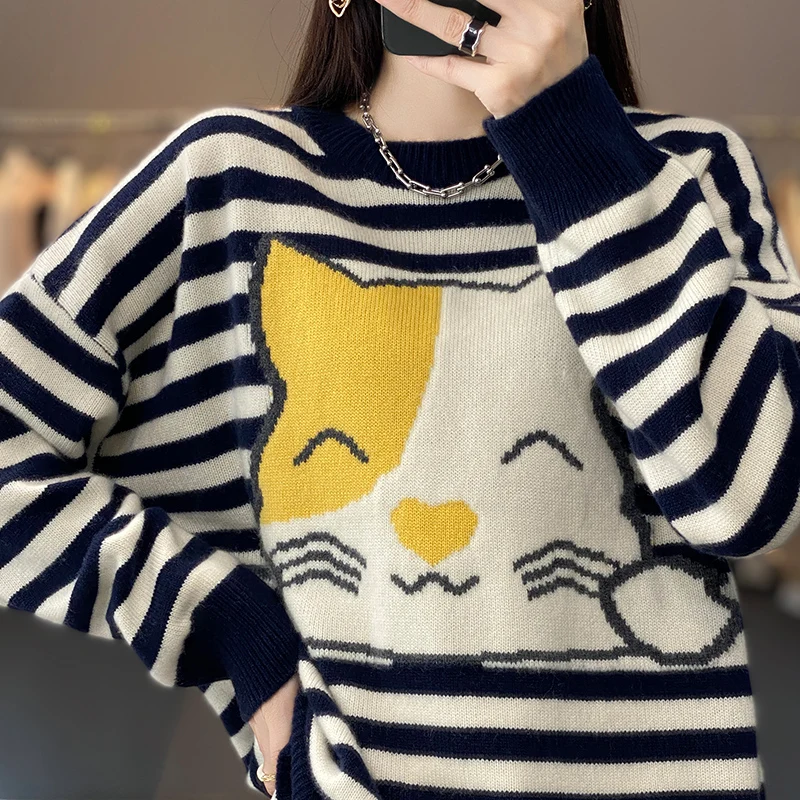 100% Merino Wool Sweater Women's Autumn Winter New Round Neck Knitted Pullover Korean Stripe Loose Fashion Large Size Top Female