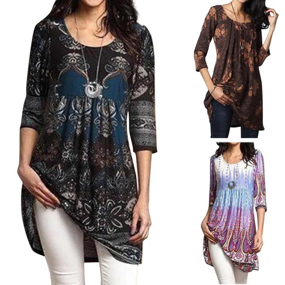 

Plus Size Womens Blouses Mode Bohemen Tuniek Bloemenprint Half Mouw Top Vintage Casual Lange T-shirts Vrouwen Kleding