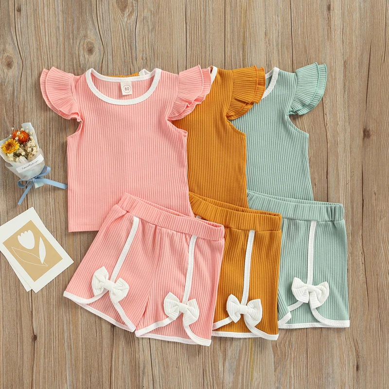 

2Pcs Summer Baby Boys Girls Outfit Clothes Set Toddlers Infant Breathable Simple Style Solid Tops+Bowknot Shorts Clothing Set