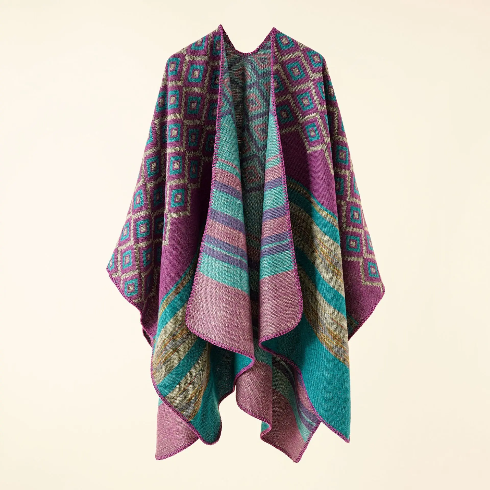 2022 Autumn Winter New Geometric Stripe Pattern Imitation Cashmere Warm Casual Women  Shawl  Poncho Capes Lady Coat Purple