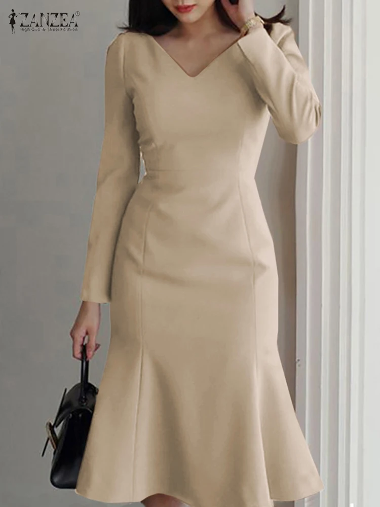 

Платье ZANZEA женское средней длины с длинным рукавом, элегантный повседневный однотонный оверсайз с юбкой-годе, весна-осень 2023