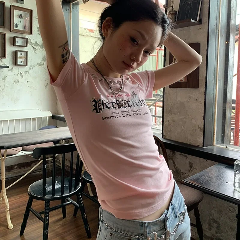 E-girl Y2k эстетичные топы Харадзюку кавайная розовая футболка гранж буквенный принт