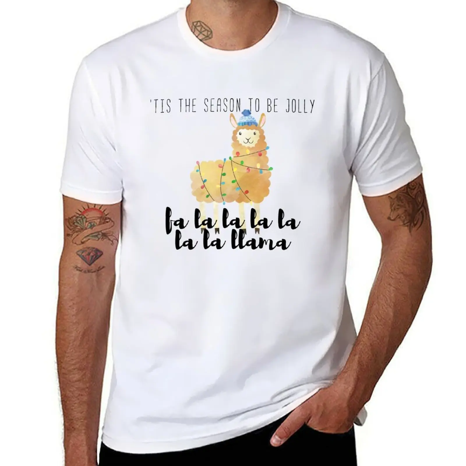Фото Футболка с забавным дизайном «Tis The Season To Be Jolly Llama», мужская футболка из 100% хлопка, мужские футболки, хлопковая футболка №1
