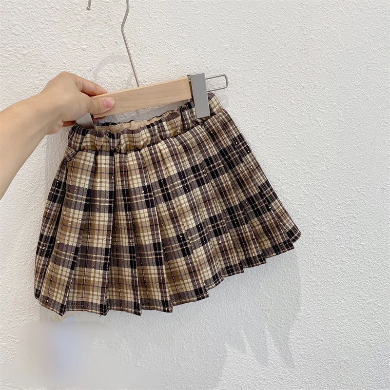 

Spring Autumn Girls Skirt Baby Pleated Skirt Kids Bottoms Children Vintage Clothes Preppy Style Check Plaid Faux Crystal 2-6Y