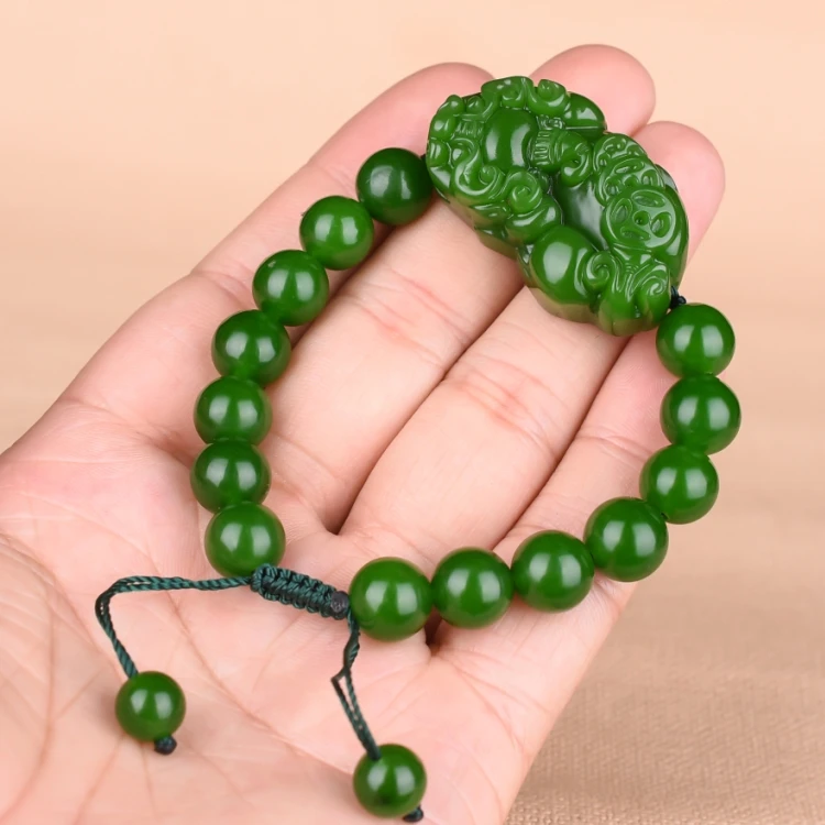 

Pixiu Bracelet Hetian Jade Bracelet Natural Jade Spinach Green Jasper Piqiu Braided Rope Bracelet Men's and Women's Bracelets