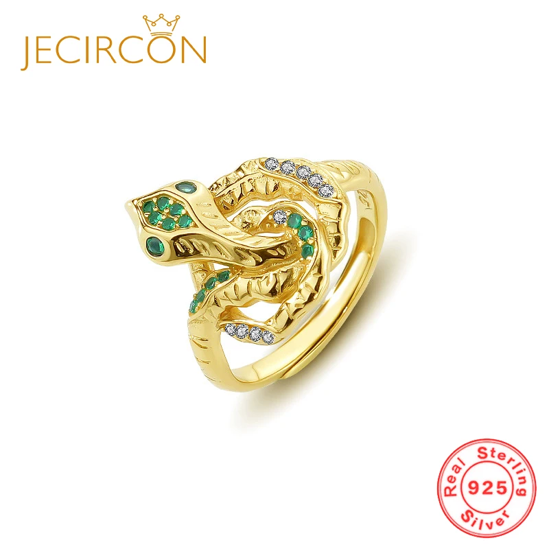 

JECIRCON 925 Sterling Silver Lava Texture Serpentine Open Ring for Women Light Luxury Green Zircon Ring Trendy Finger Jewelry