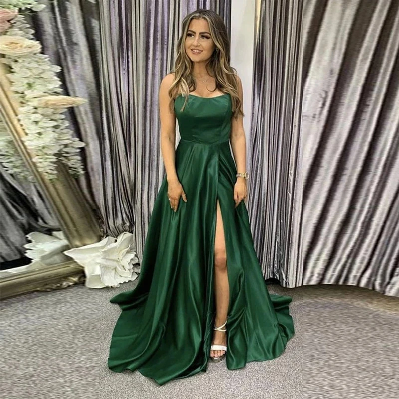 

High Slit Dark Green Scoop Neck Sleeveless Women's Party Evening Dress Lace Up High-end Satin Elegant Fashion A-line Vestidos