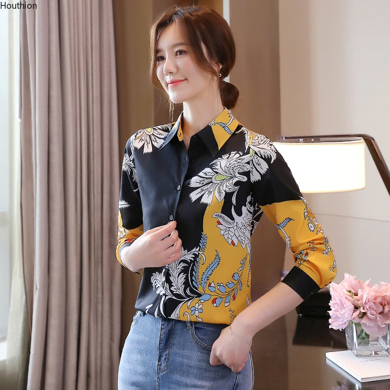 

Silk Women's Blouses Polo Shirt Long Sleeve Top New Fashion Blusas Flower Buttons Spring Lady Clothing Houthion