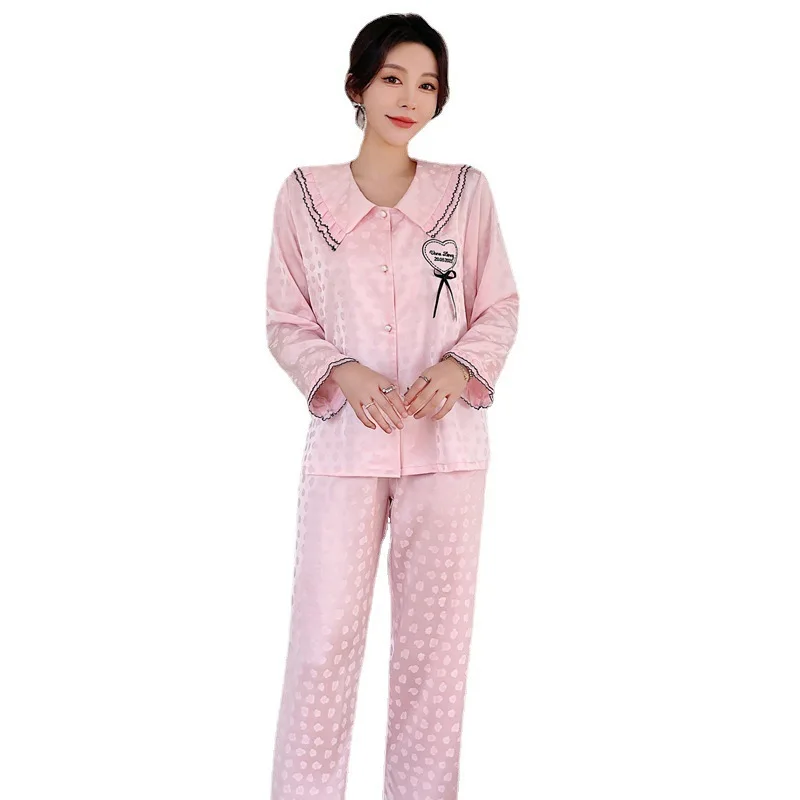 New style pajamas women's ice silk thin long-sleeved trousers suit large women's household clothes