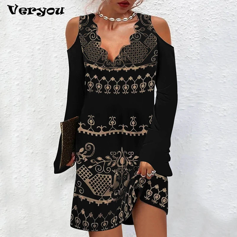 

Женское винтажное платье с принтом, повседневное Сетчатое контрастное платье мини в стиле бохо с V-образным вырезом, открытыми плечами и дли...