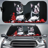 cute boston terriers dog in red christmas floral black background car sunshade two boston terrier dogs christmas day auto sun s