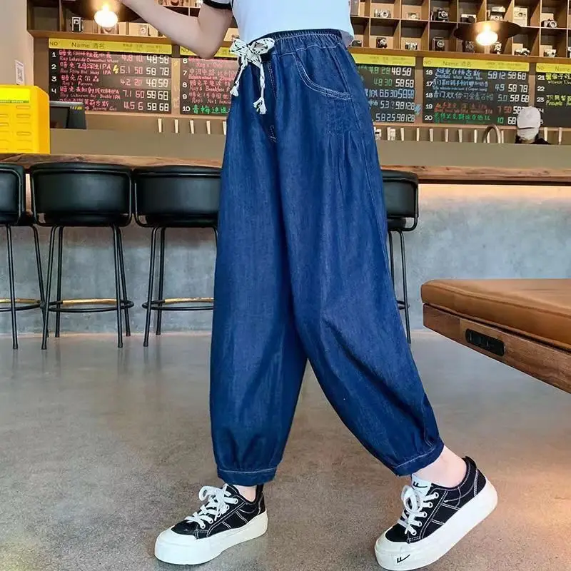 

Детские брюки для мальчиков и девочек Lce, шелковые тонкие джинсы, однотонная летняя детская одежда, длинные брюки