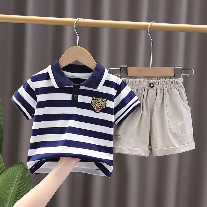 

Toddler Boy Outfits 2022 Summer Fashion Cartoon Striped Turn-down Collar T-shirts Tops and Shorts Clothing Sets Kids Tracksuits