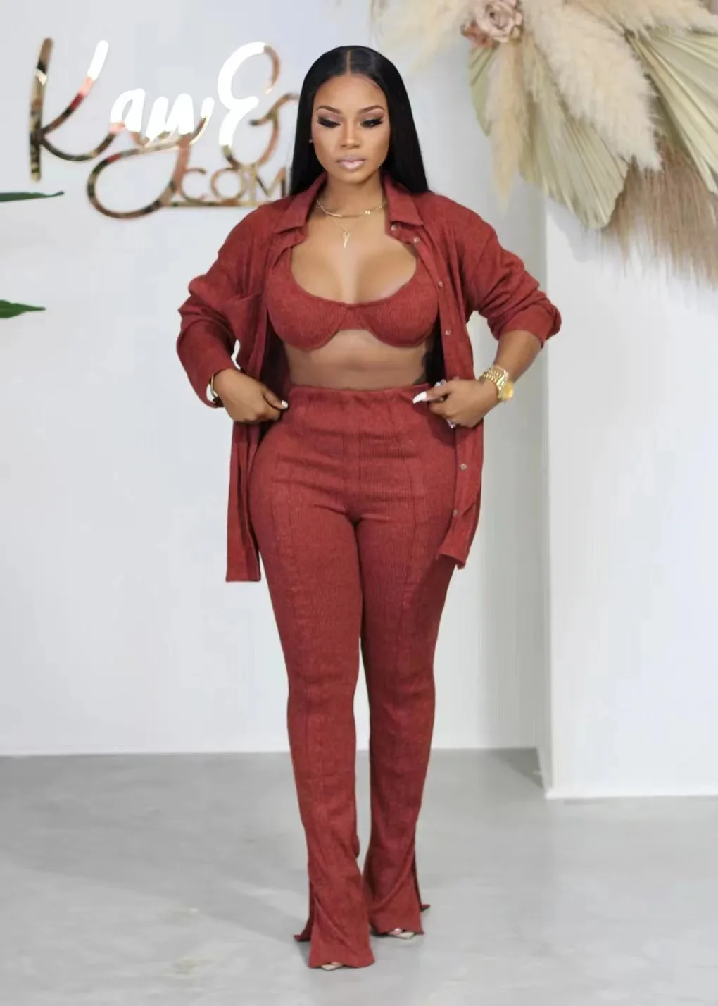 

Knit Women 3-piece Set Outfits Button Front Lapel Collar Cardigan Sweater + Bra + Pants Suit Fashon Tracksuit