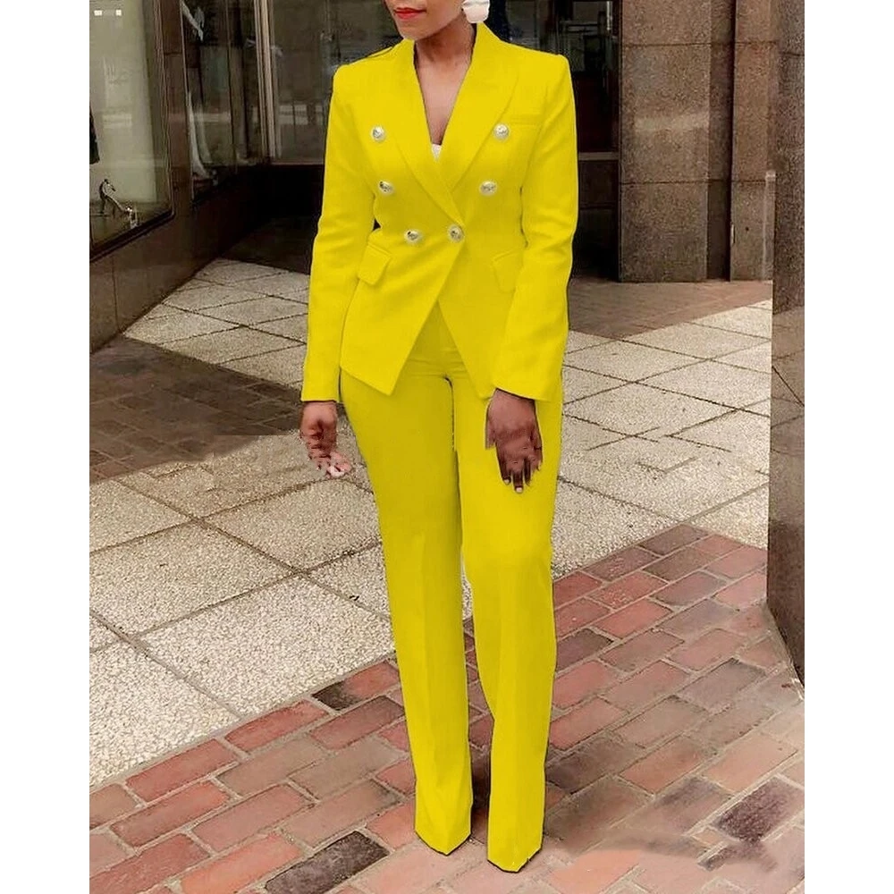 Woman 2 Pieces Set 2023 New in White Casual Long Sleeve Double Button Blazer & Pants Set Ladies Elegant Business Formal Pant Set
